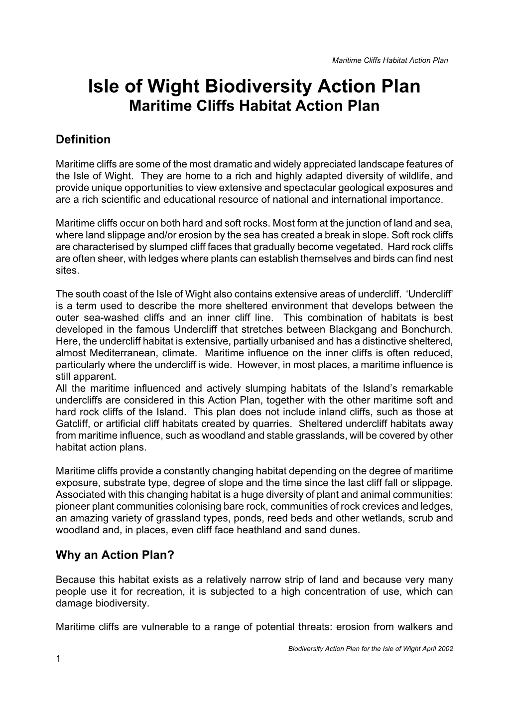 Isle of Wight Biodiversity Action Plan Maritime Cliffs Habitat Action Plan