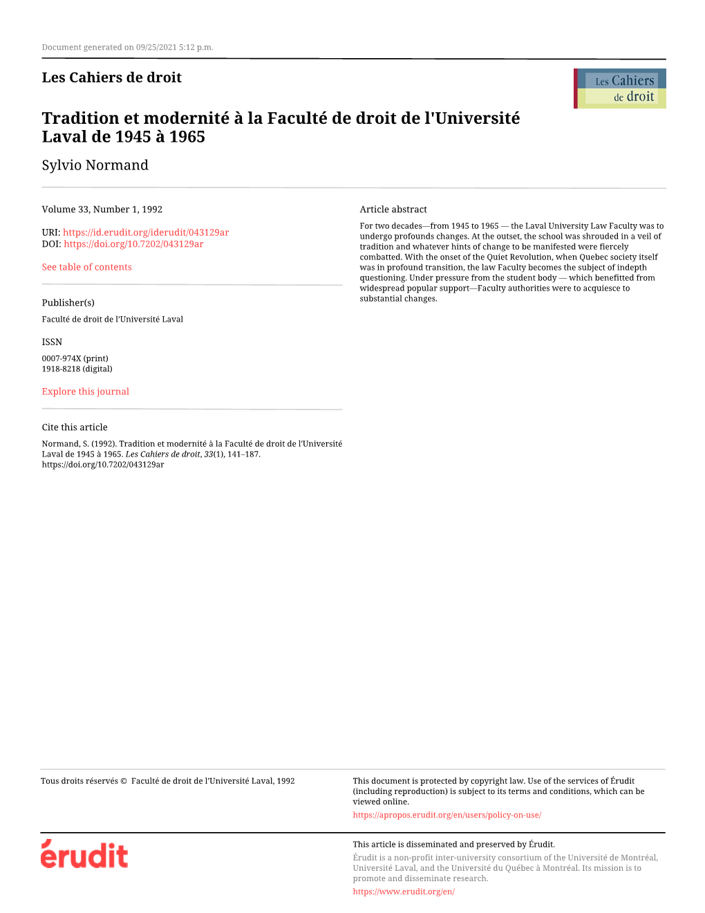 Tradition Et Modernité À La Faculté De Droit De L'université Laval De 1945 À 1965 Sylvio Normand