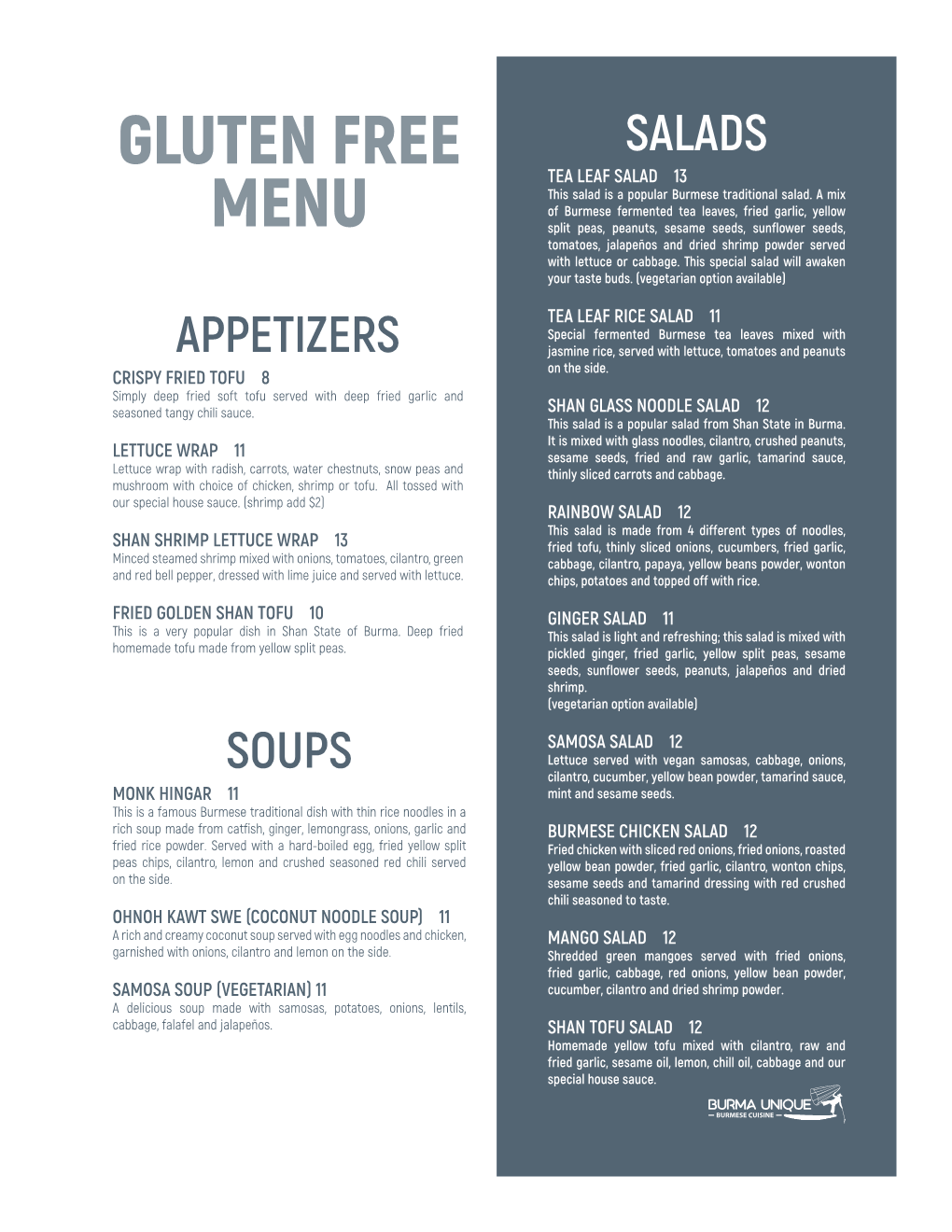 Gluten Free Menu