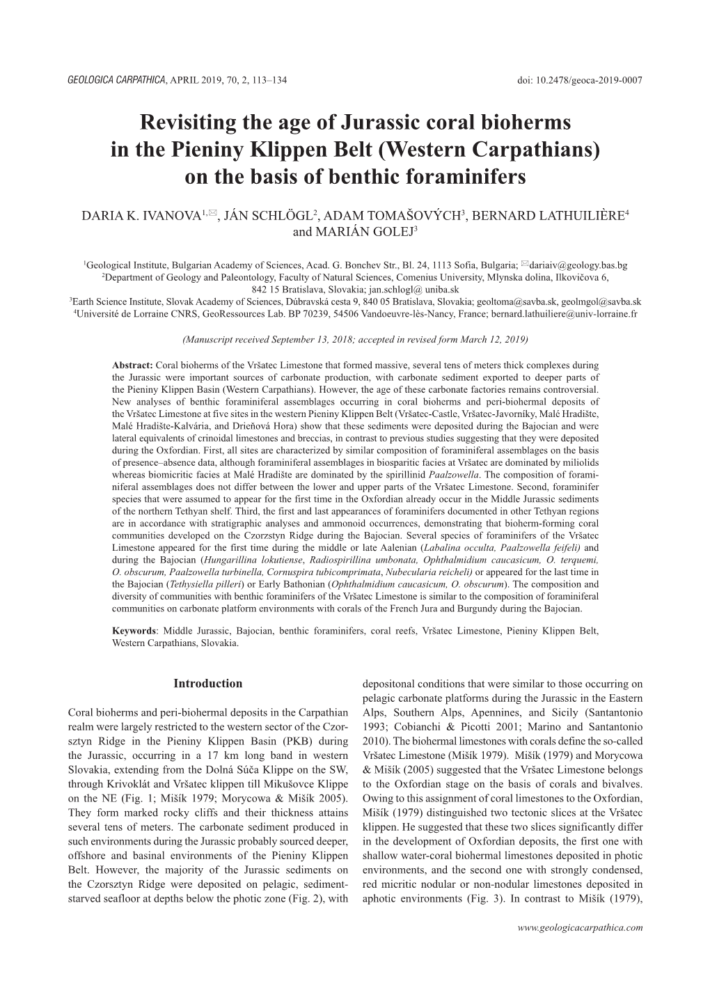 Revisiting the Age of Jurassic Coral Bioherms in the Pieniny Klippen Belt (Western Carpathians) on the Basis of Benthic Foraminifers