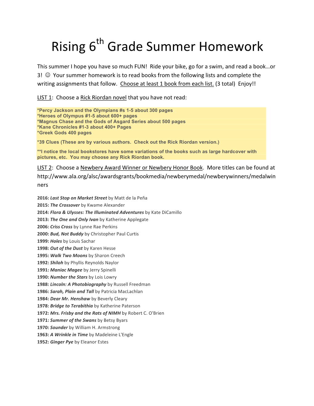 Rising 6 Grade Summer Homework