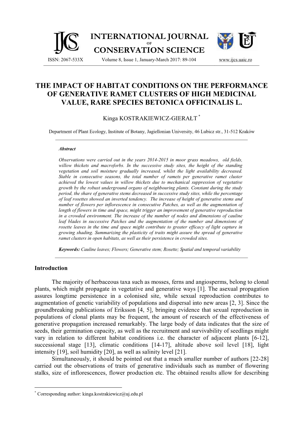 The Impact of Habitat Conditions on the Performance of Generative Ramet Clusters of High Medicinal Value, Rare Species Betonica Officinalis L