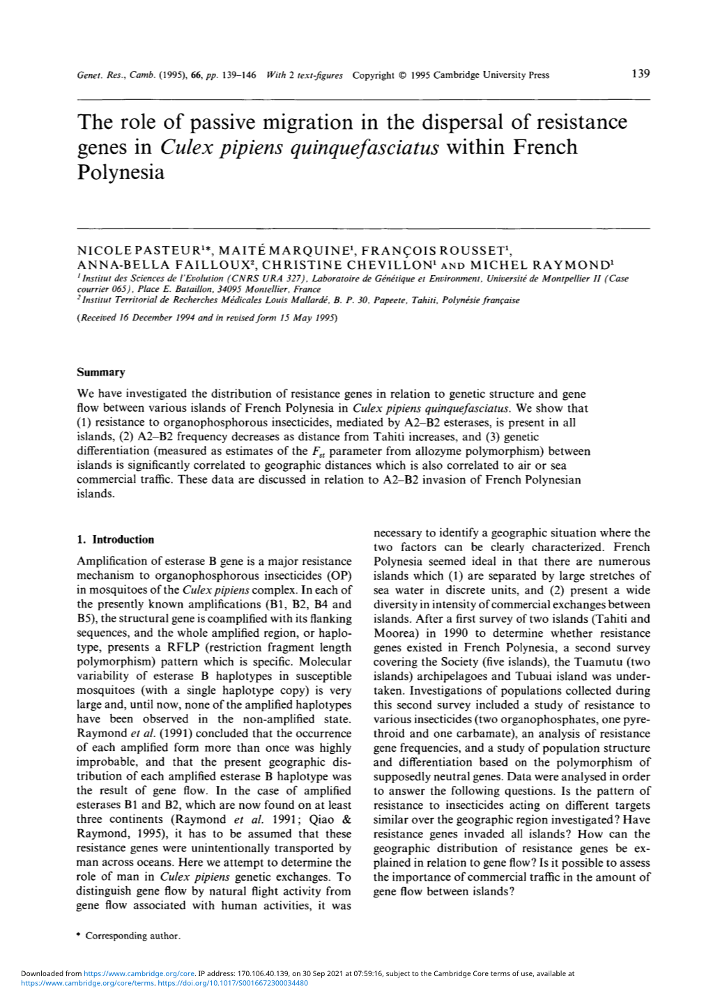 The Role of Passive Migration in the Dispersal of Resistance Genes in Culex Pipiens Quinquefasciatus Within French Polynesia