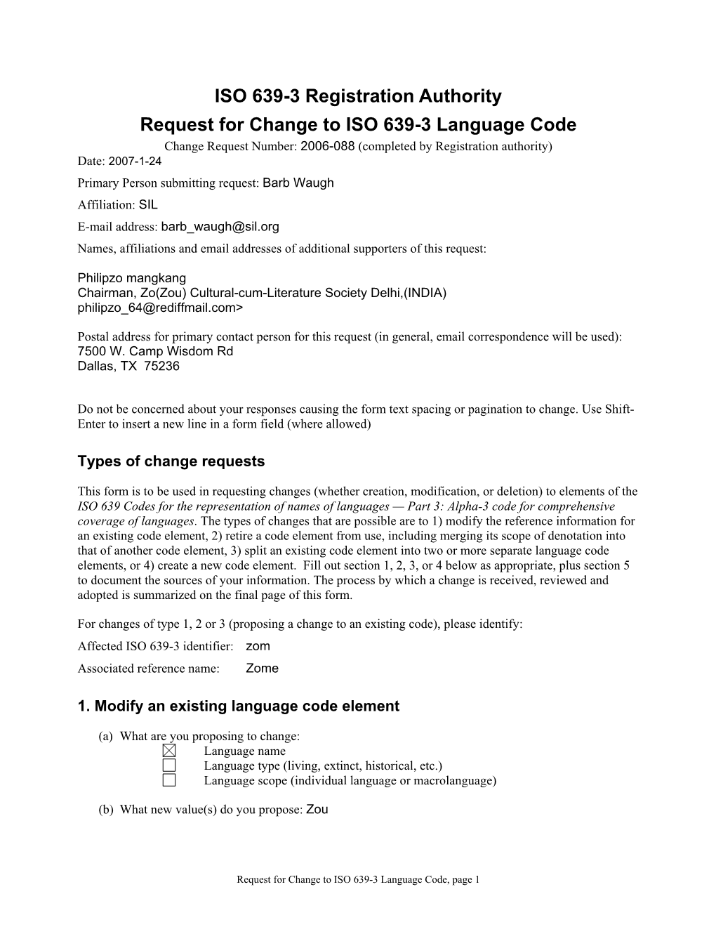 Iso639-3@Sil.Org an Email Attachment of This Completed Form Is Preferred