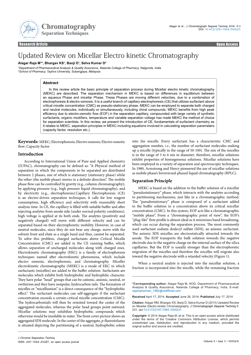 Updated Review on Micellar Electro Kinetic Chromatography