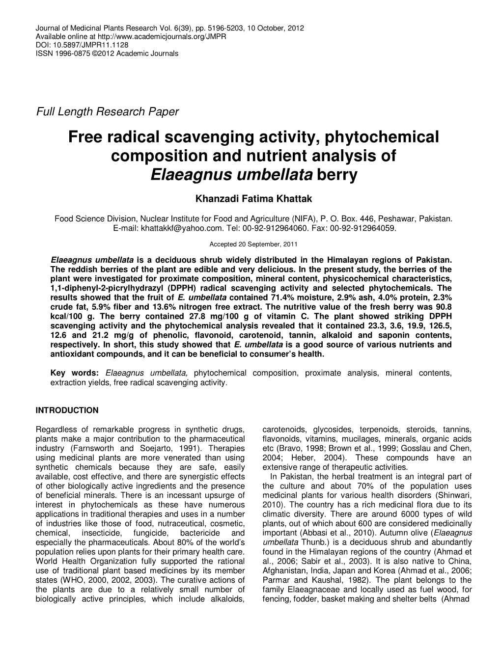 Free Radical Scavenging Activity, Phytochemical Composition and Nutrient Analysis of Elaeagnus Umbellata Berry
