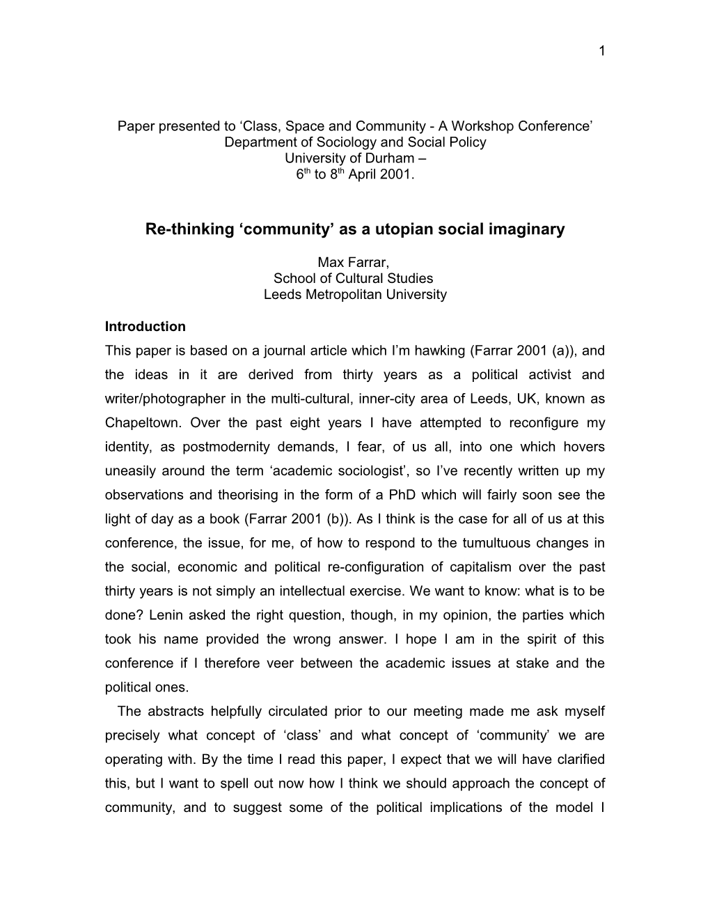 Re-Thinking Community As a Radical Social Imaginary