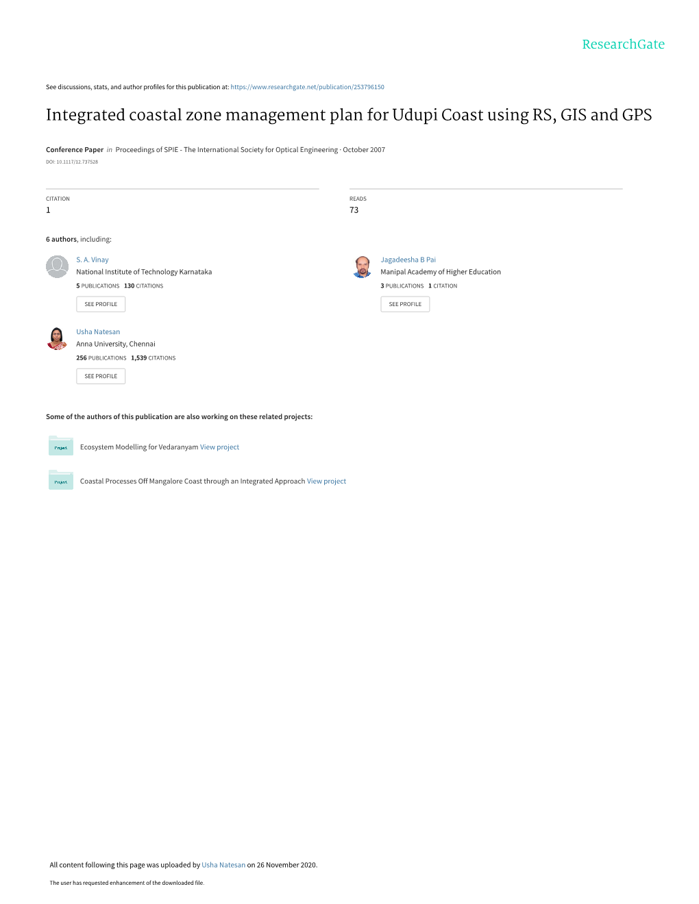 Integrated Coastal Zone Management Plan for Udupi Coast Using RS, GIS and GPS