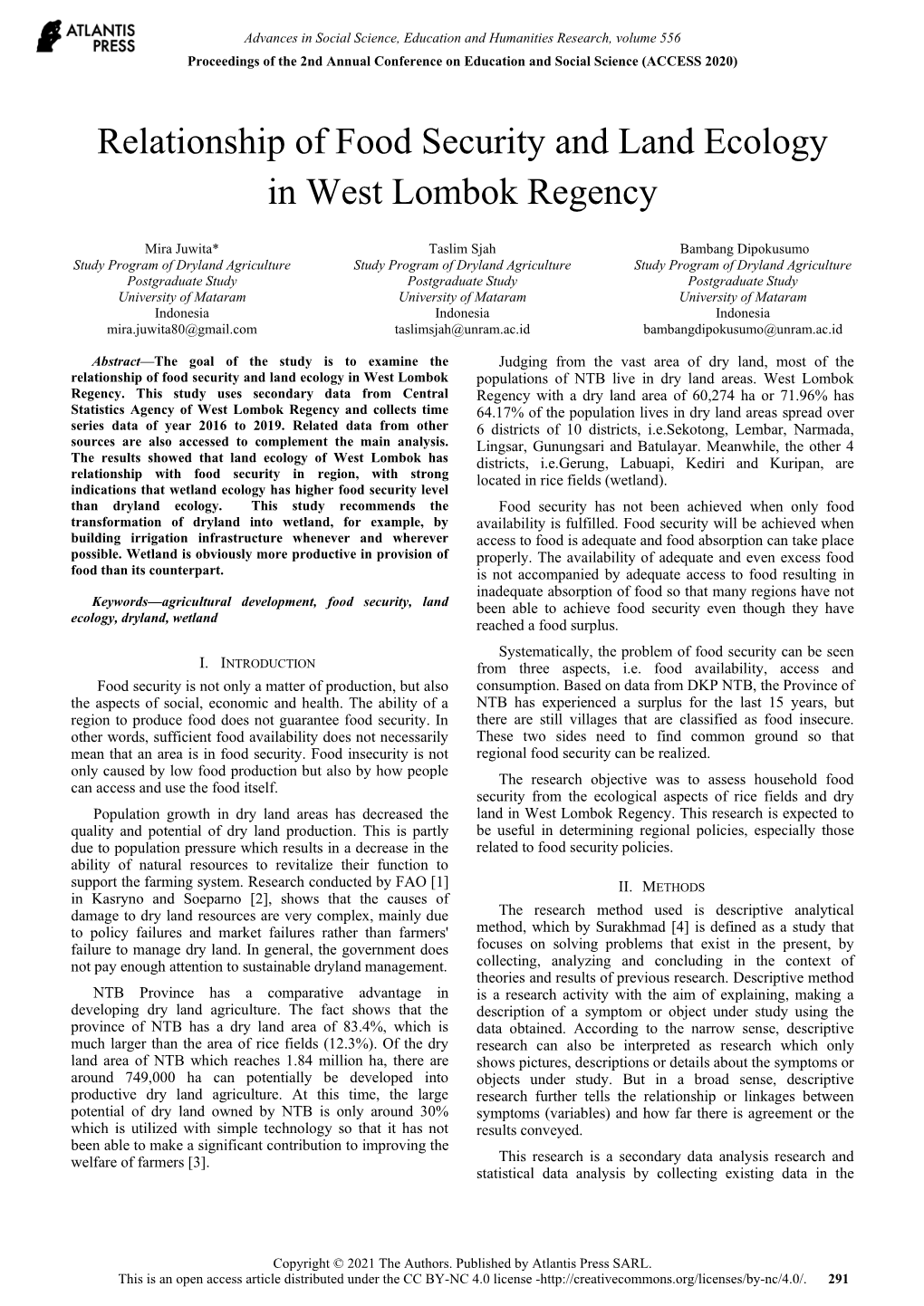 Relationship of Food Security and Land Ecology in West Lombok Regency