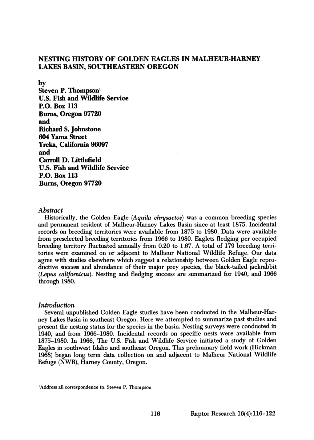 NESTING HISTORY of GOLDEN EAGLES in MALHEUR&Hyphen