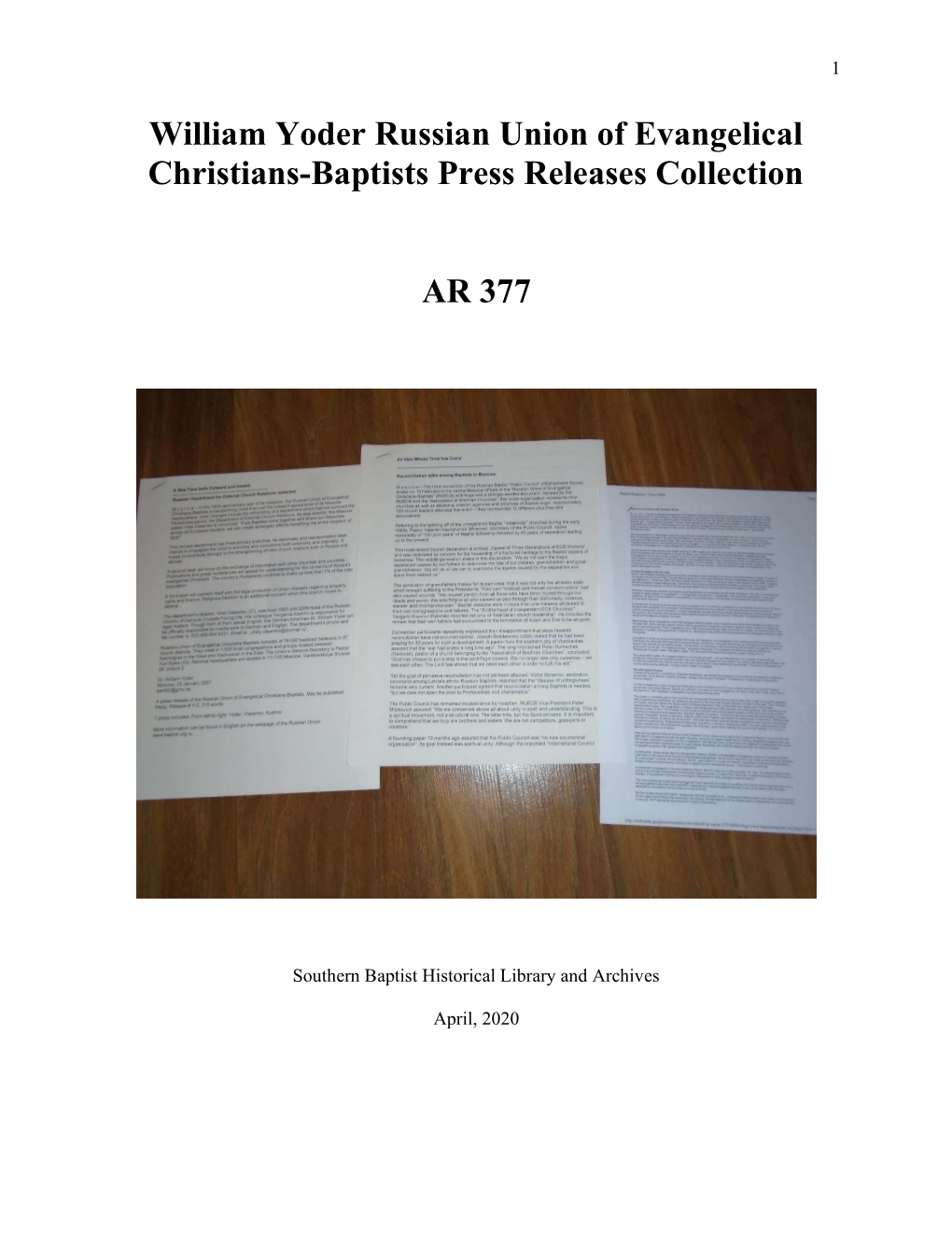 William Yoder Russian Union of Evangelical Christians-Baptists Press Releases Collection