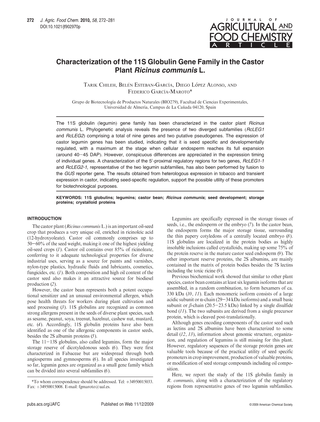 Characterization of the 11S Globulin Gene Family in the Castor Plant Ricinus Communis L