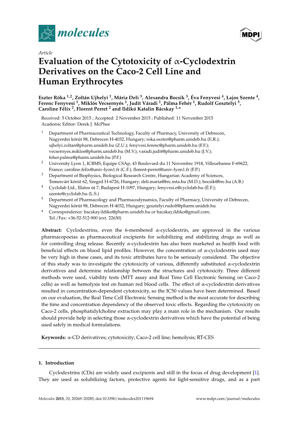 Evaluation of the Cytotoxicity of Α-Cyclodextrin Derivatives on the Caco-2 Cell Line and Human Erythrocytes