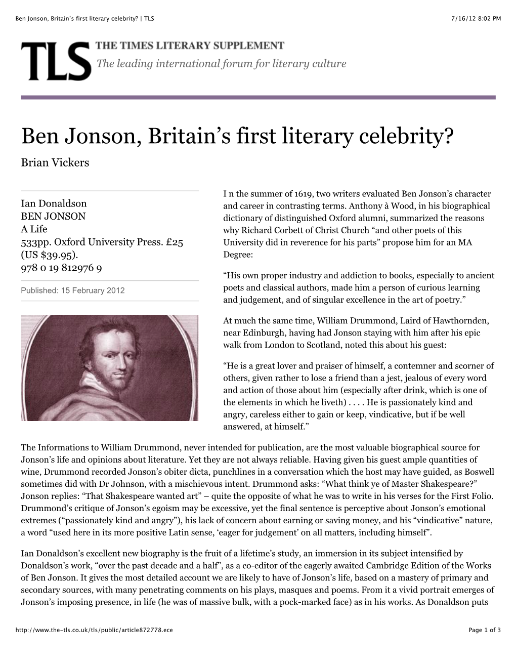 Ben Jonson, Britain's First Literary Celebrity?