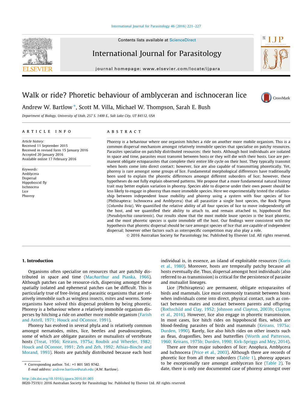 Phoretic Behaviour of Amblyceran and Ischnoceran Lice ⇑ Andrew W