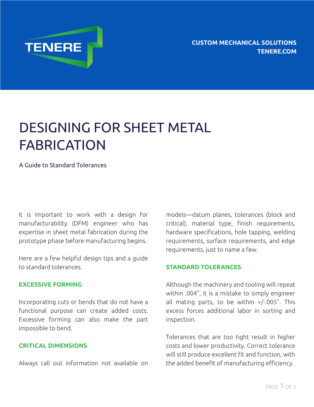 Sheet Metal Fabrication Standard Tolerances