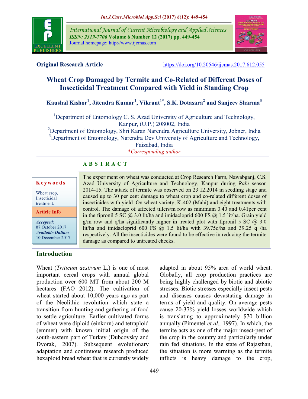 Wheat Crop Damaged by Termite and Co-Related of Different Doses of Insecticidal Treatment Compared with Yield in Standing Crop