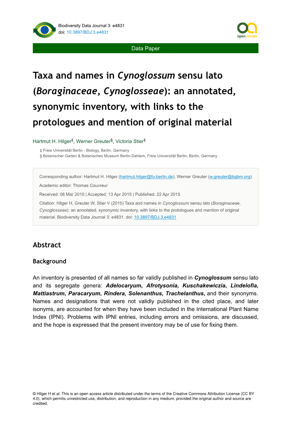 Taxa and Names in Cynoglossum Sensu Lato