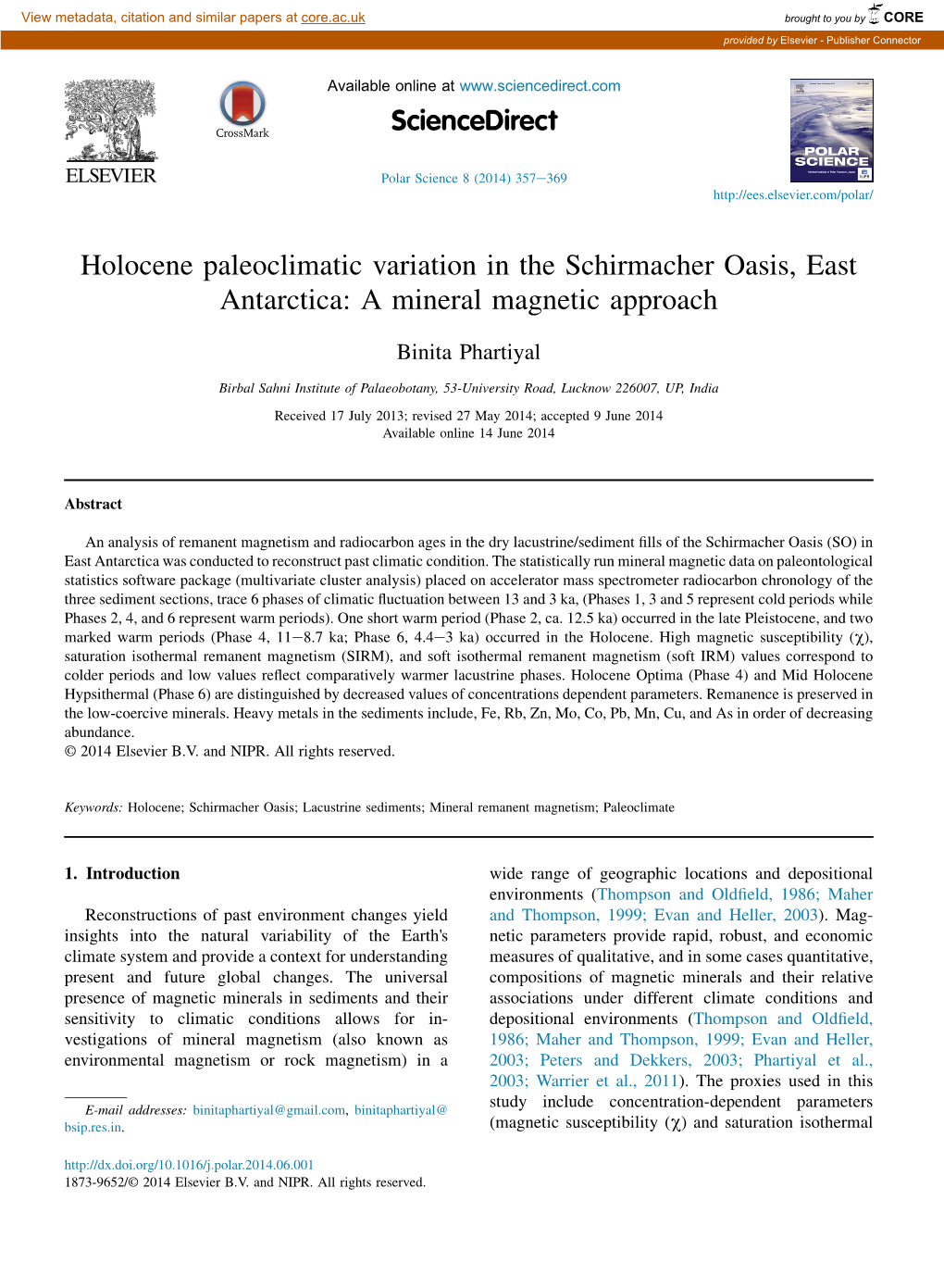 Holocene Paleoclimatic Variation in the Schirmacher Oasis, East Antarctica: a Mineral Magnetic Approach