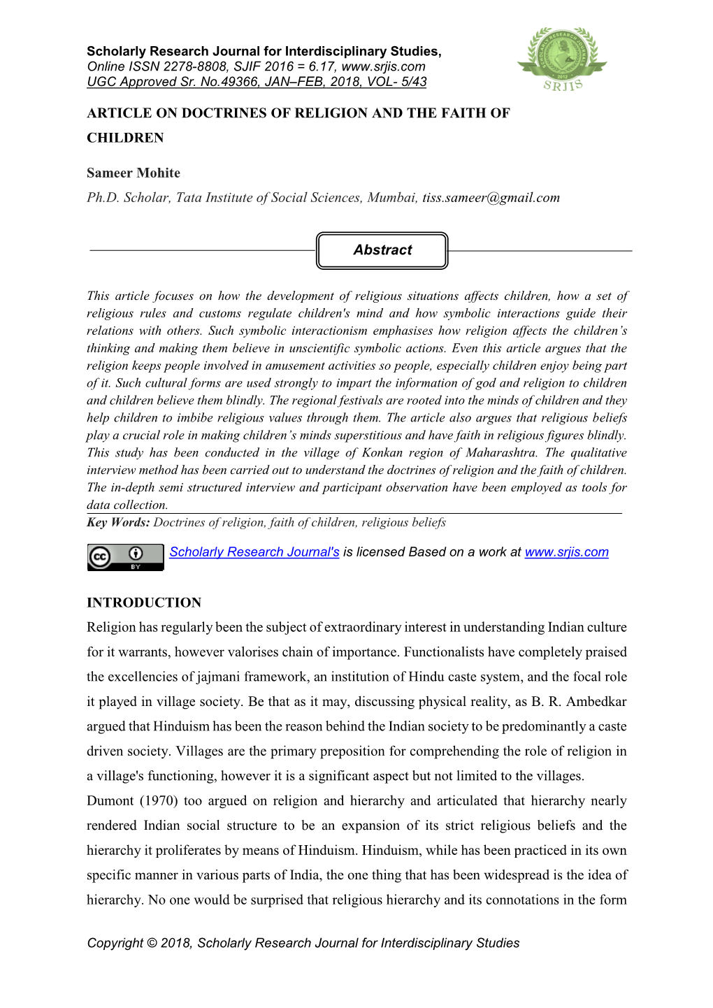 ARTICLE on DOCTRINES of RELIGION and the FAITH of CHILDREN Sameer Mohite Ph.D. Scholar, Tata Institute of Social Sciences, Mumba