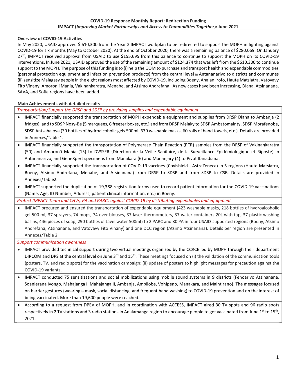 COVID-19 Response Monthly Report: Redirection Funding IMPACT (Improving Market Partnerships and Access to Commodities Together): June 2021