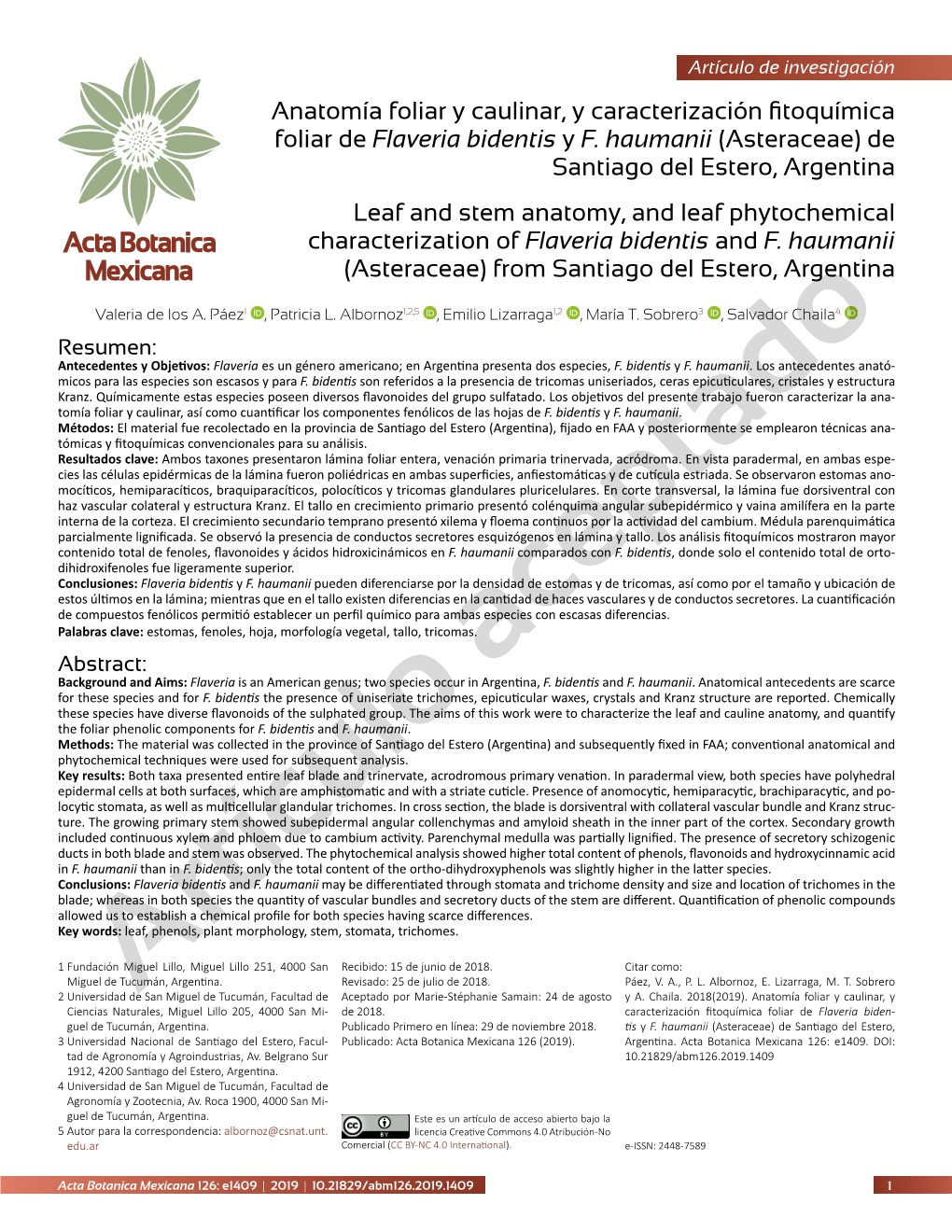 Anatomía Foliar Y Caulinar, Y Caracterización Fitoquímica Foliar De Flaveria Bidentis Y F