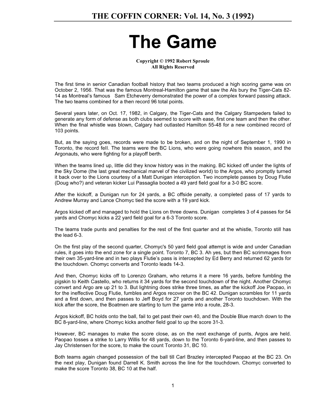 The Game (Highest Scoring Canadian League Game)