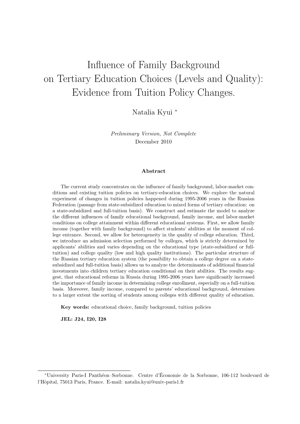 Influence of Family Background on Tertiary Education Choices (Levels