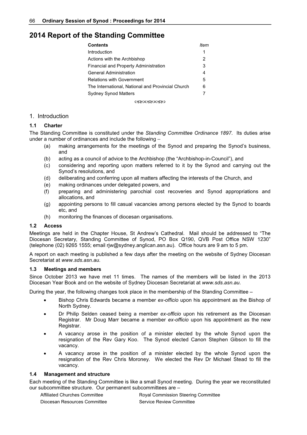 2014 Report of the Standing Committee to Synod