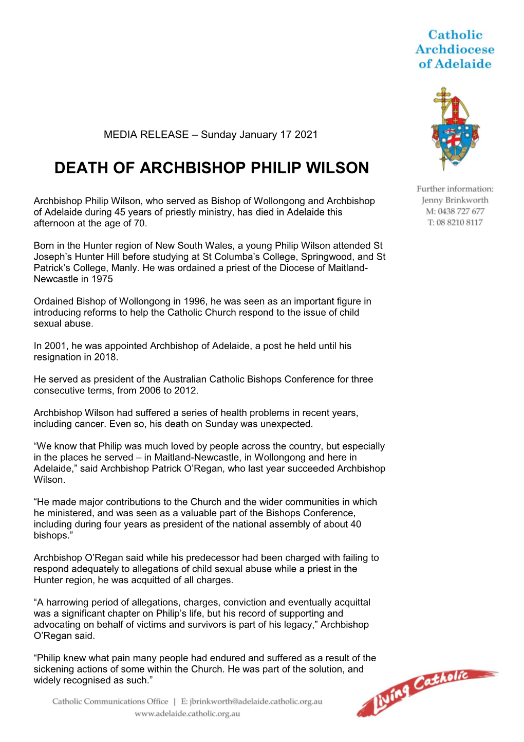 Death of Archbishop Philip Wilson