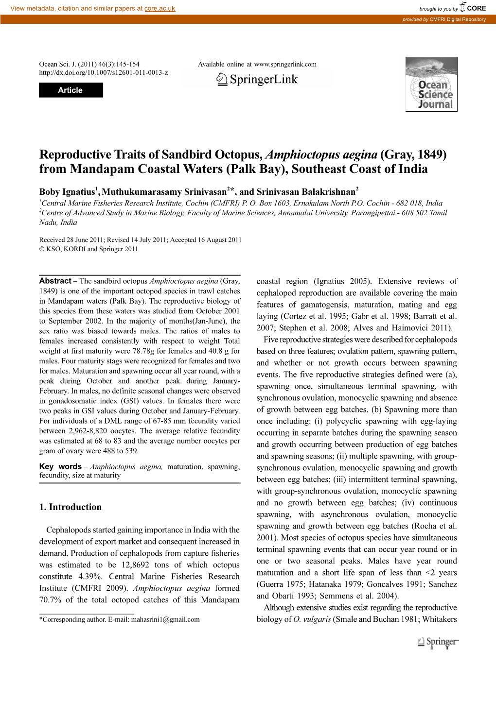 Reproductive Traits of Sandbird Octopus, Amphioctopus Aegina (Gray, 1849) from Mandapam Coastal Waters (Palk Bay), Southeast Coast of India