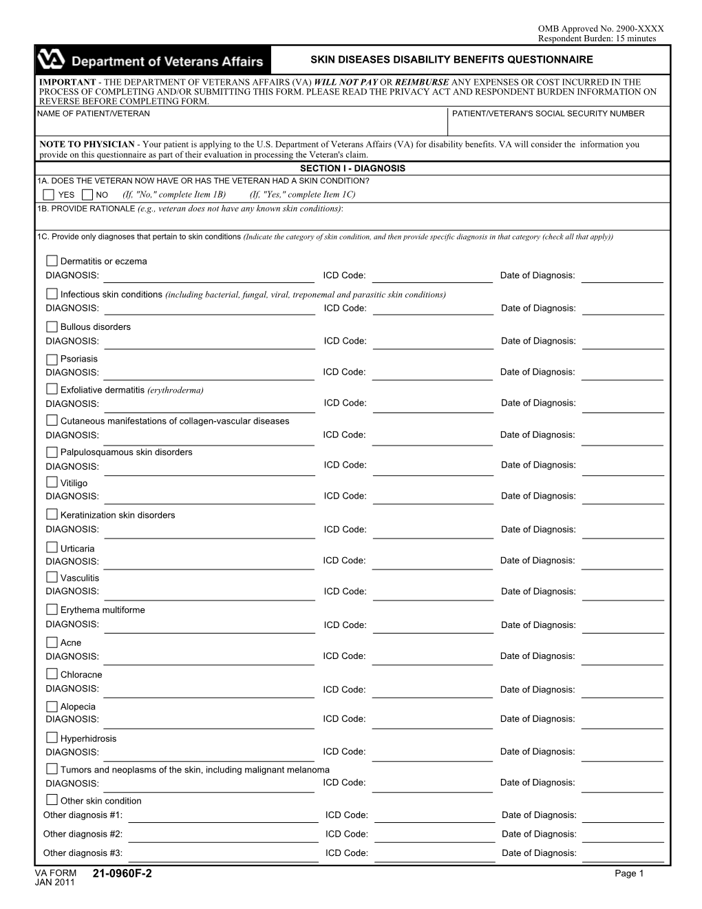 VA FORM 21-0960F-2 Page 1 JAN 2011 SECTION I - DIAGNOSIS (Continued) 1D