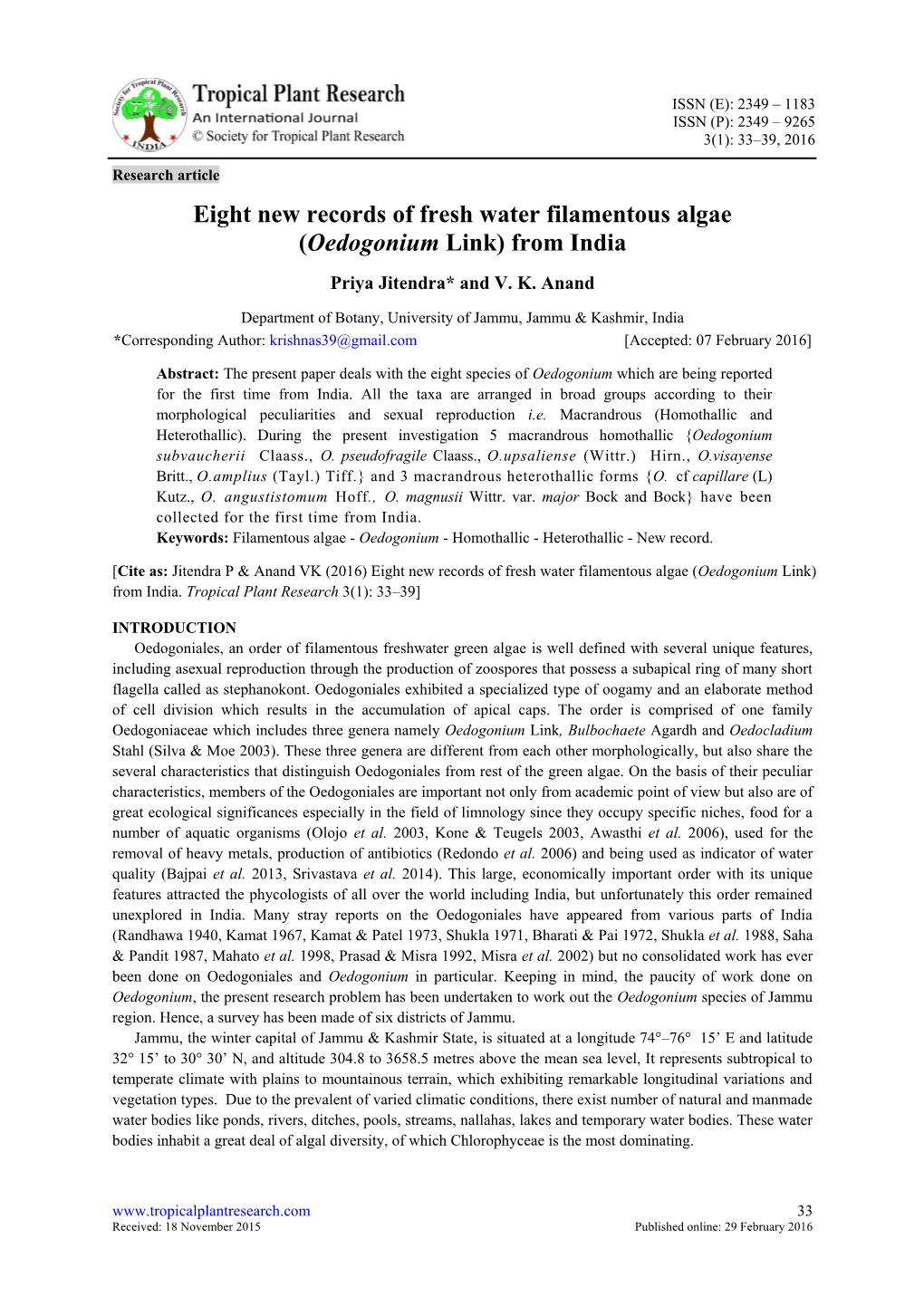 Eight New Records of Fresh Water Filamentous Algae (Oedogonium Link) from India Priya Jitendra* and V