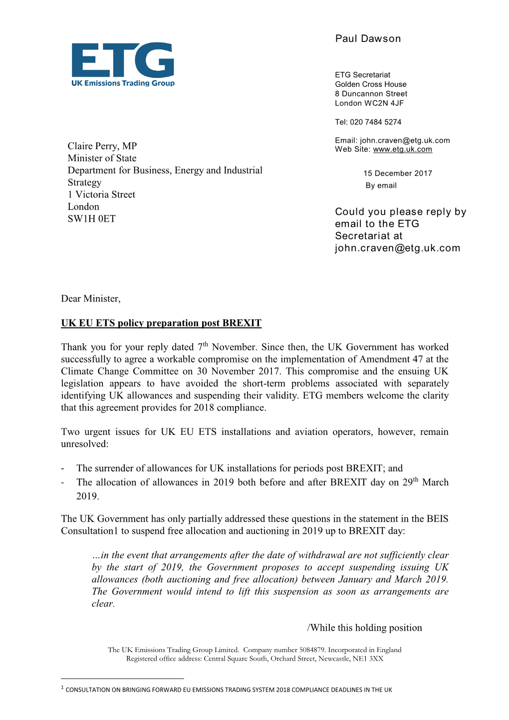 ETG Letter to BEIS About UK EU ETS Policy Post-BREXIT