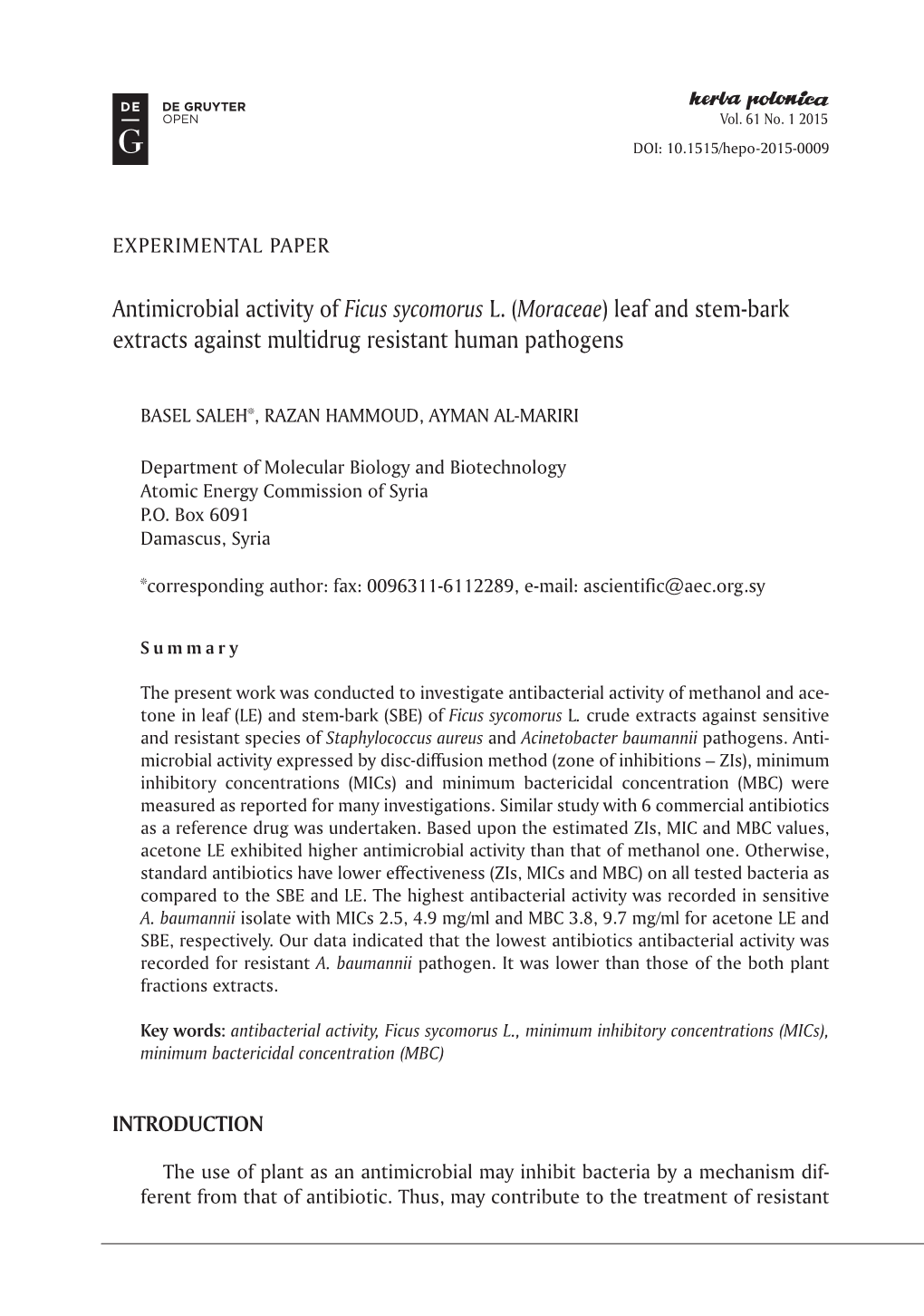 Antimicrobial Activity of Ficus Sycomorus L. (Moraceae) Leaf and Stem-Bark Extracts Against Multidrug Resistant Human Pathogens