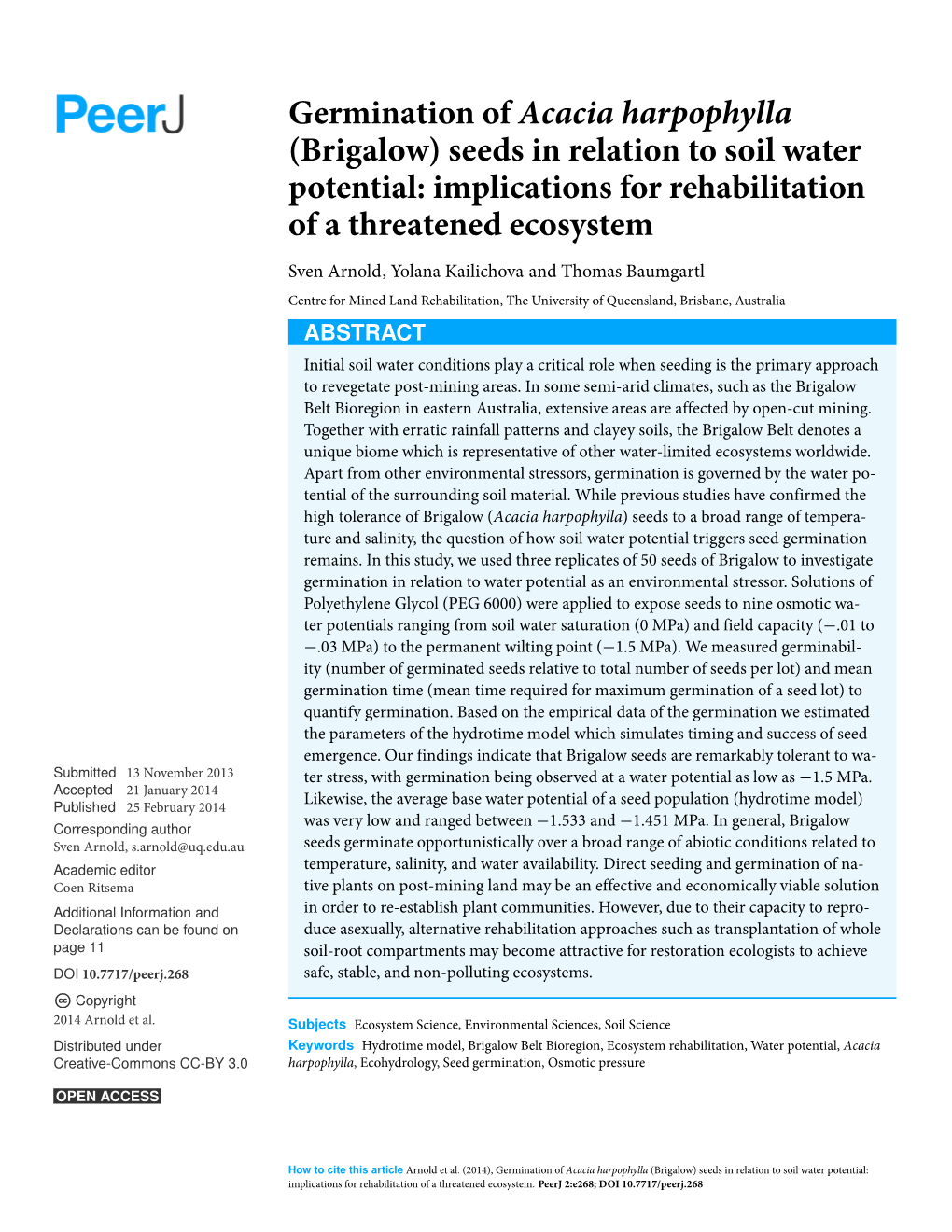 Germination of Acacia Harpophylla (Brigalow) Seeds in Relation to Soil Water Potential: Implications for Rehabilitation of a Threatened Ecosystem