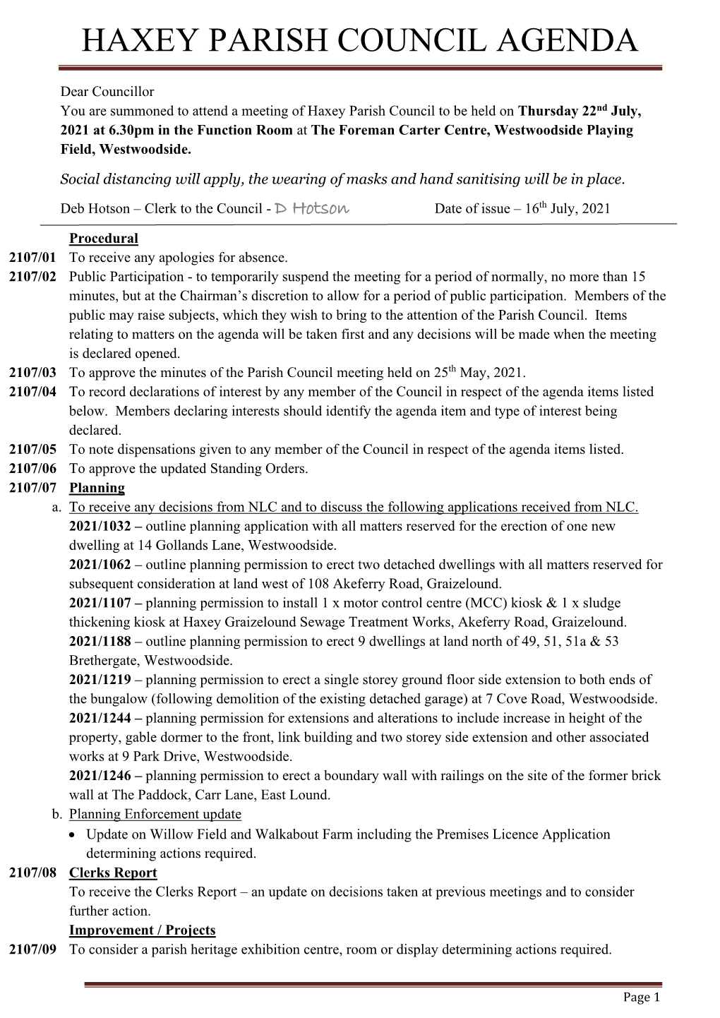 Haxey Agenda 22 July 2021