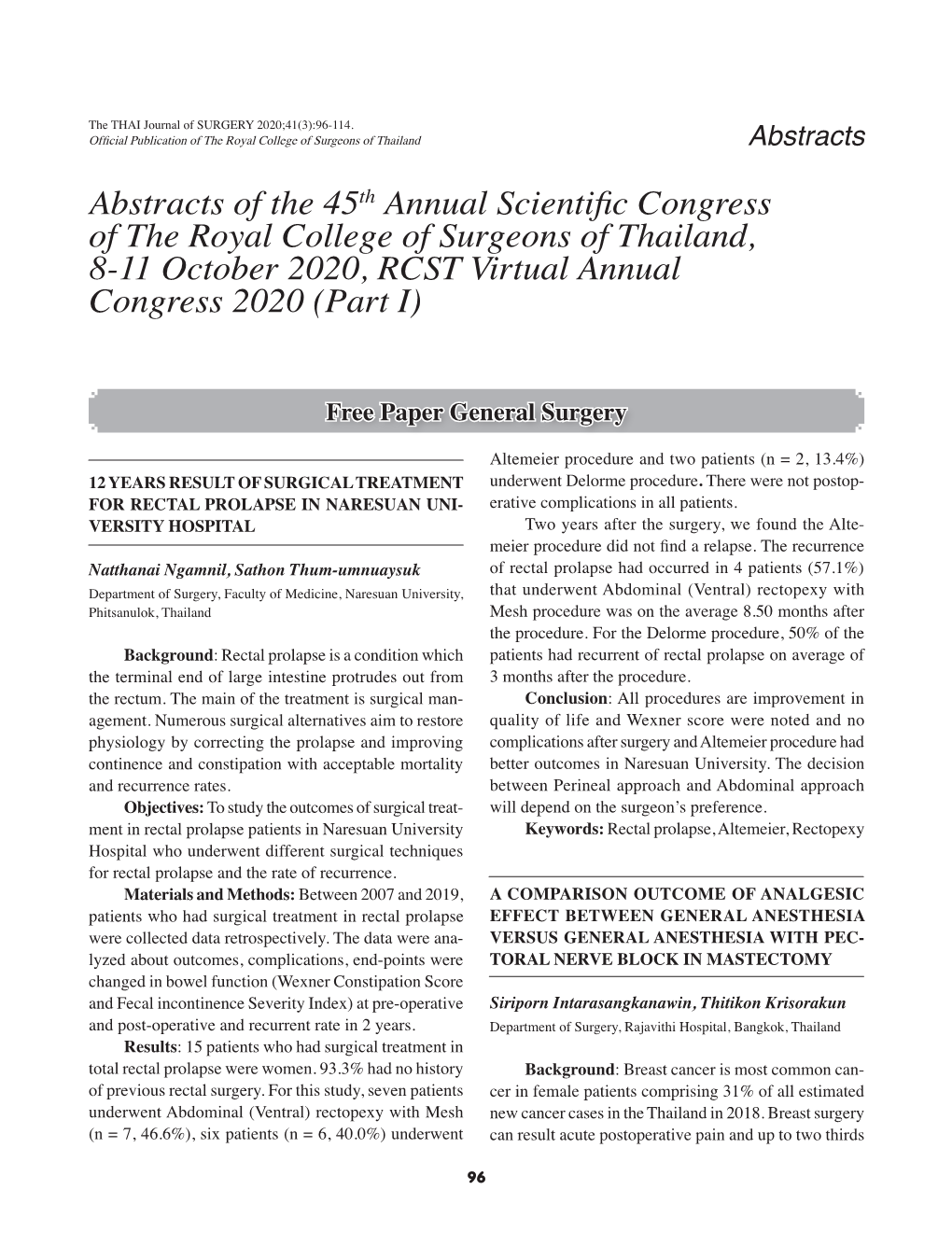 Abstracts of the 45Th Annual Scientific Congress of the Royal College of Surgeons of Thailand, 8-11 October 2020, RCST Virtual Annual Congress 2020 (Part I)