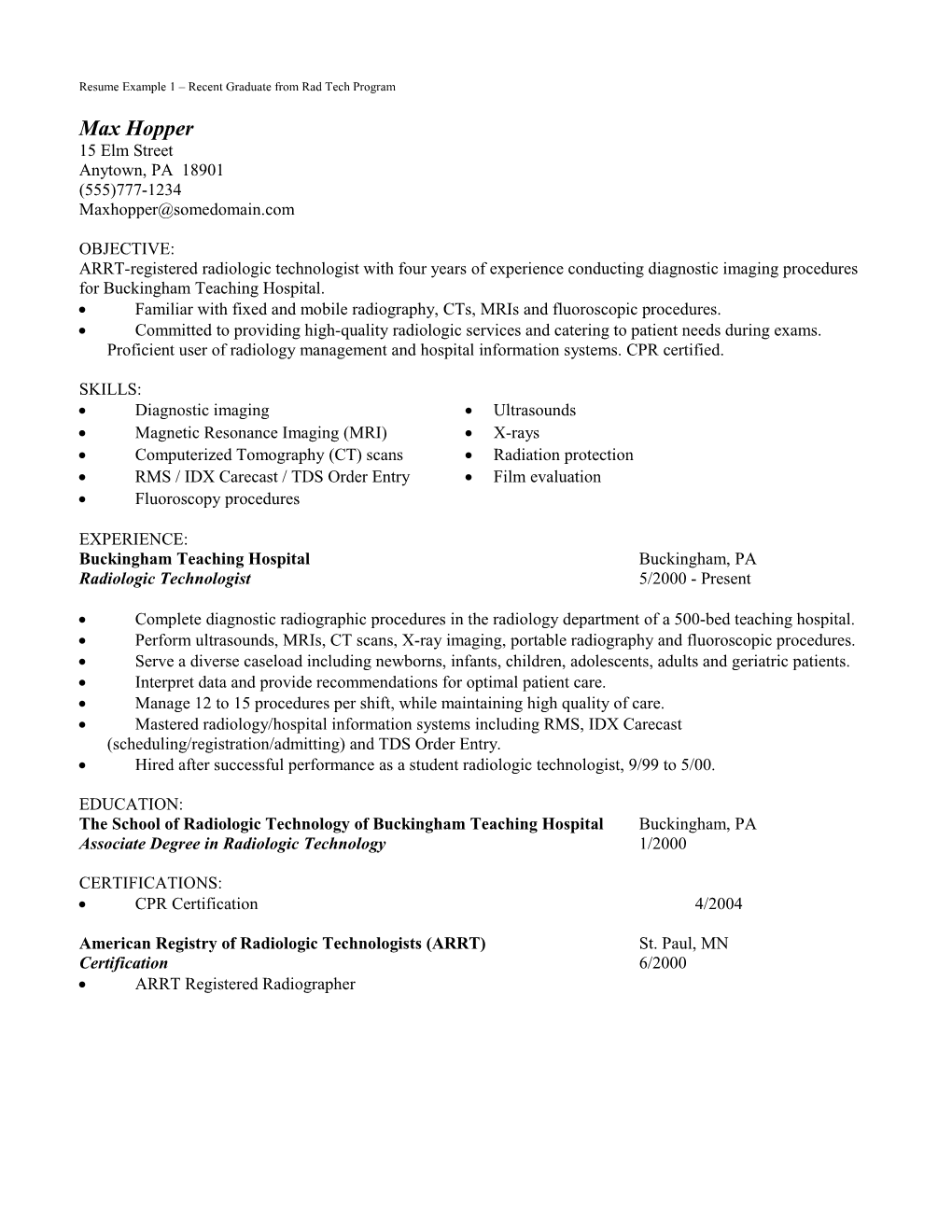 Resume Example 1 – Recent Graduate From Rad Tech Program