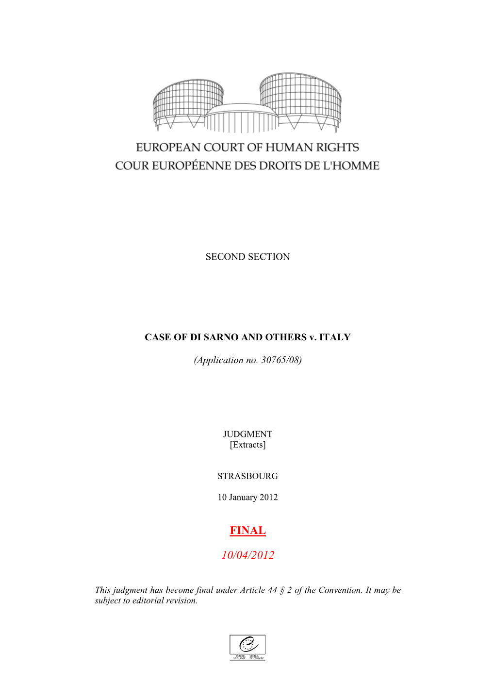 CASE of DI SARNO and OTHERS V. ITALY.Pdf