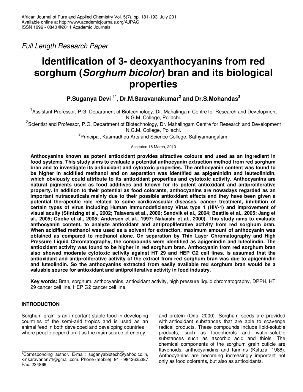 Sorghum Bicolor ) Bran and Its Biological Properties