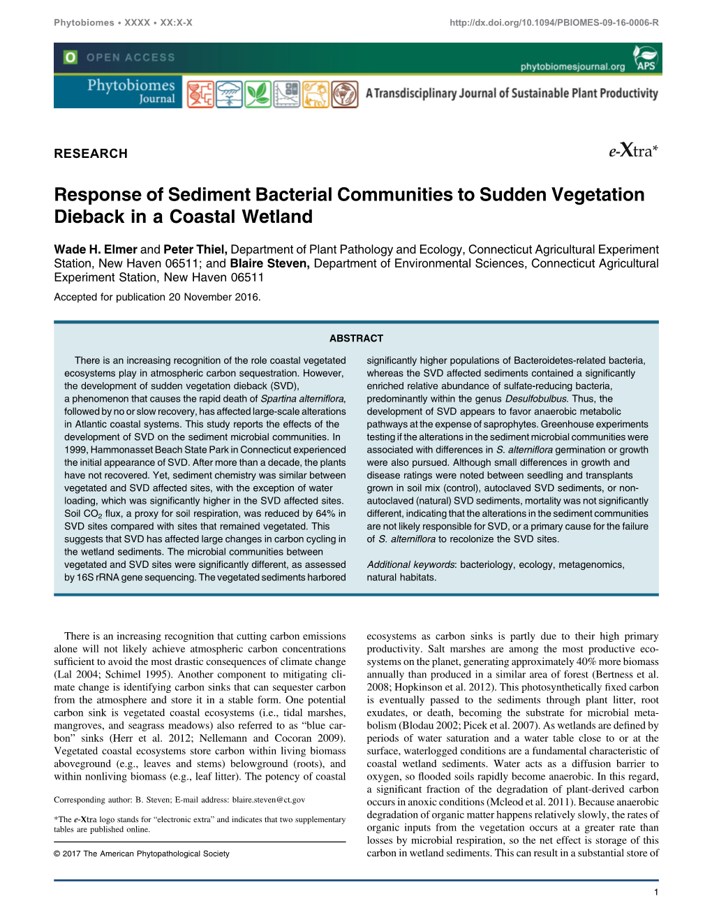 Response of Sediment Bacterial Communities to Sudden Vegetation Dieback in a Coastal Wetland