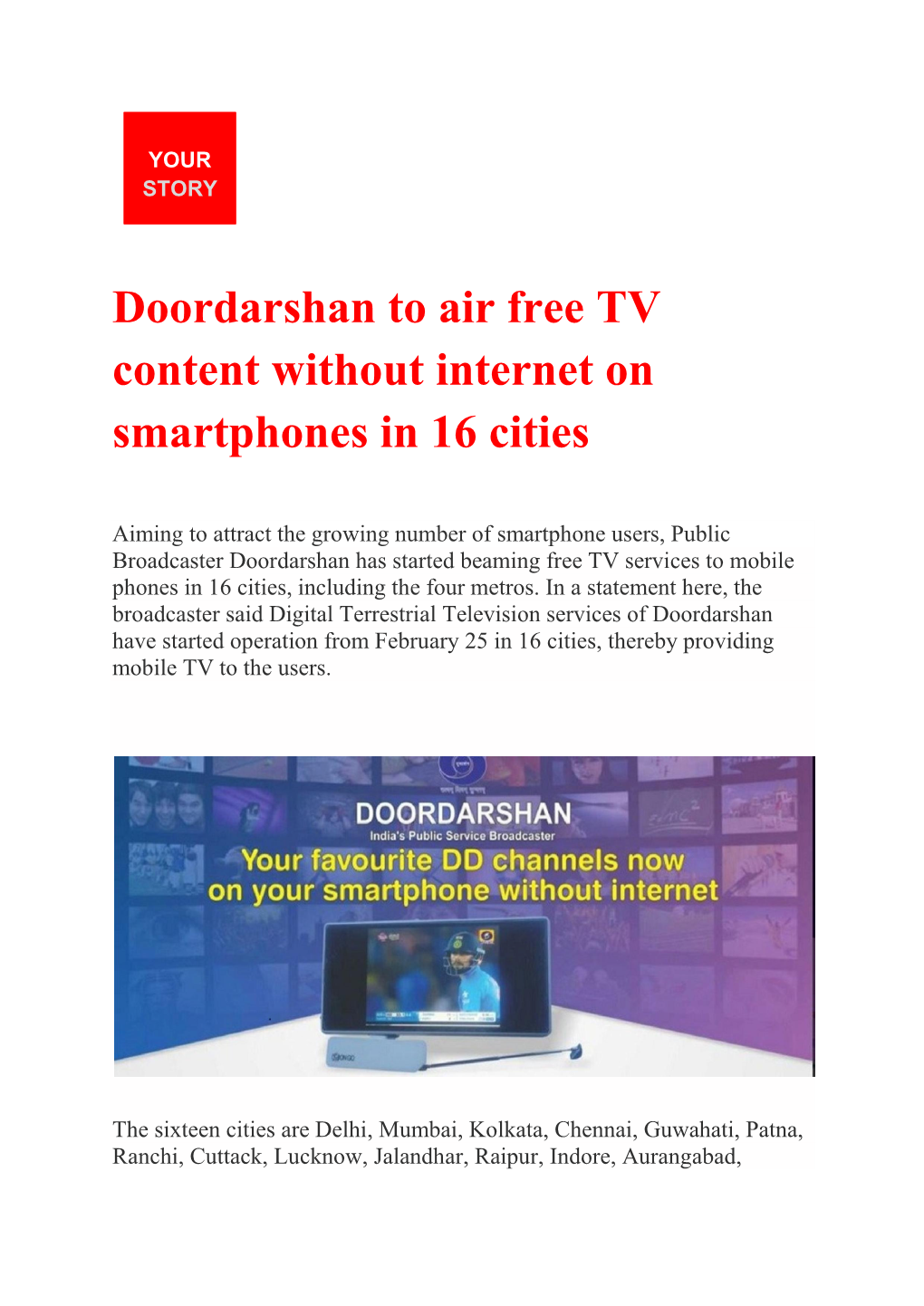 Doordarshan to Air Free TV Content Without Internet on Smartphones in 16 Cities