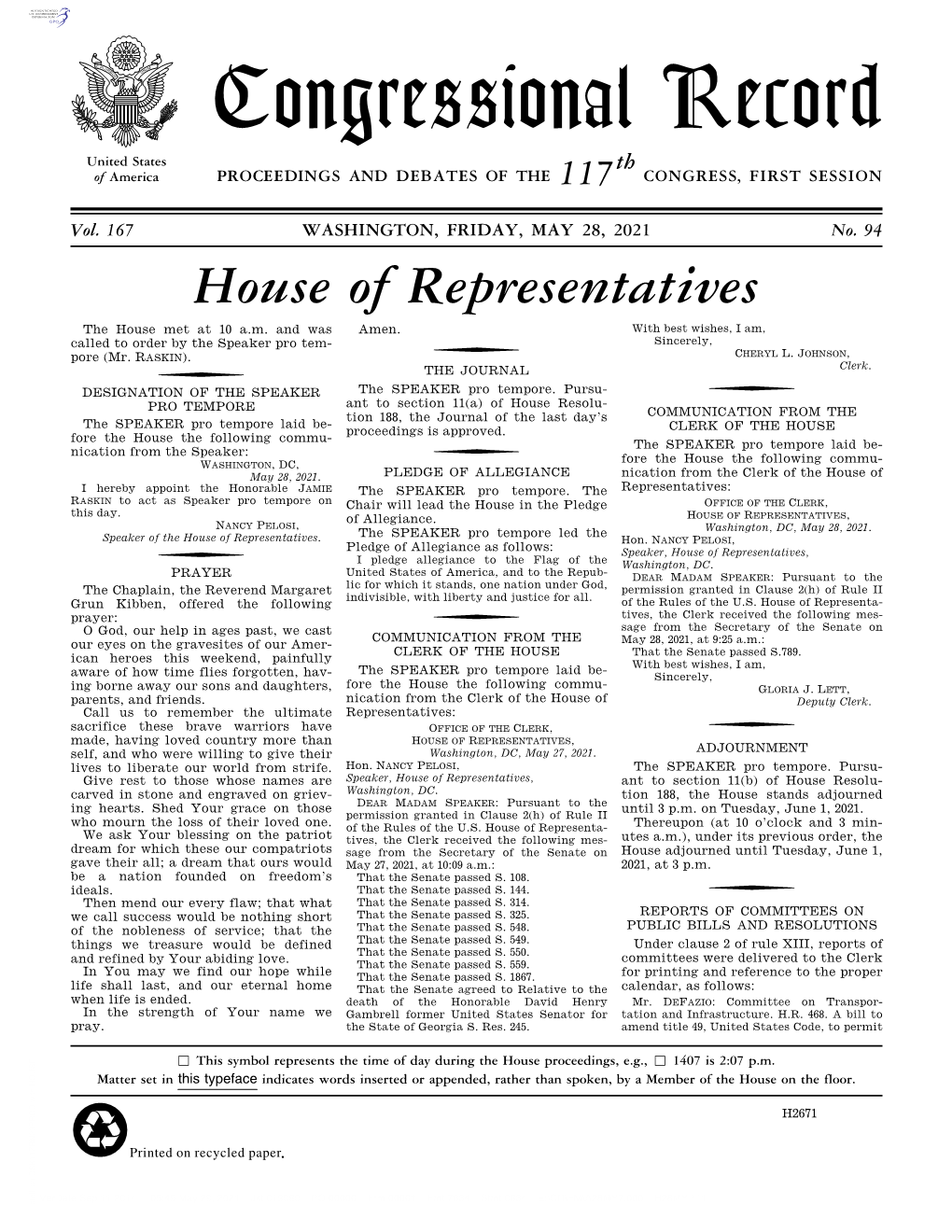 Congressional Record United States Th of America PROCEEDINGS and DEBATES of the 117 CONGRESS, FIRST SESSION