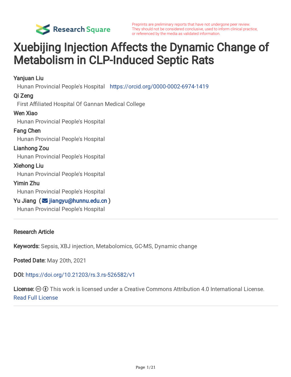 Xuebijing Injection Affects the Dynamic Change of Metabolism in CLP-Induced Septic Rats