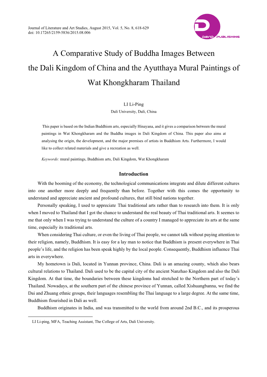 A Comparative Study of Buddha Images Between the Dali Kingdom of China and the Ayutthaya Mural Paintings of Wat Khongkharam Thailand