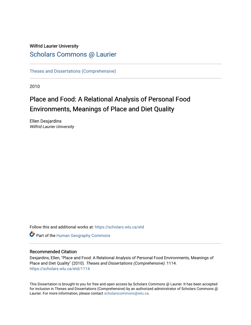 Place and Food: a Relational Analysis of Personal Food Environments, Meanings of Place and Diet Quality