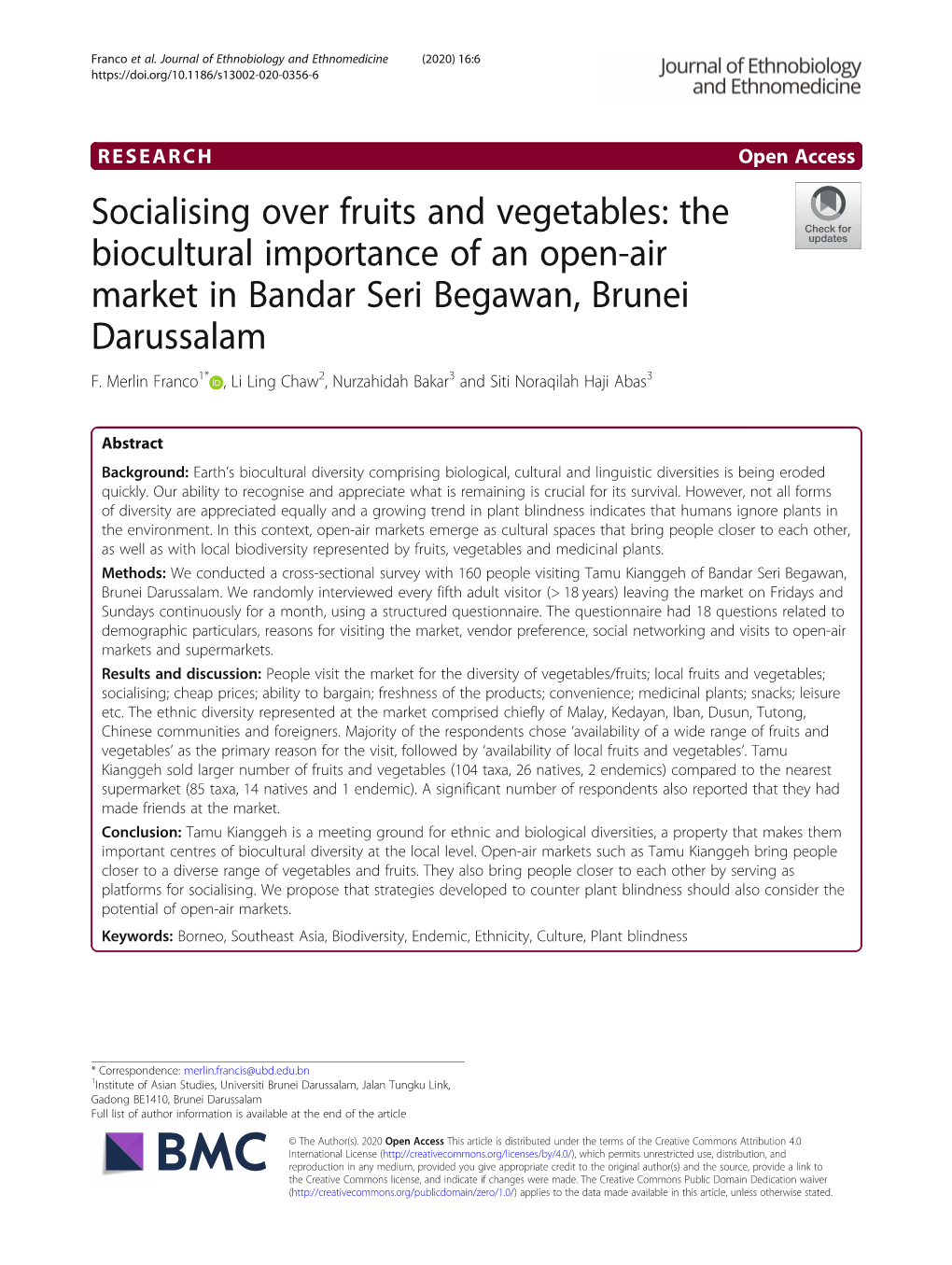 The Biocultural Importance of an Open-Air Market in Bandar Seri Begawan, Brunei Darussalam F