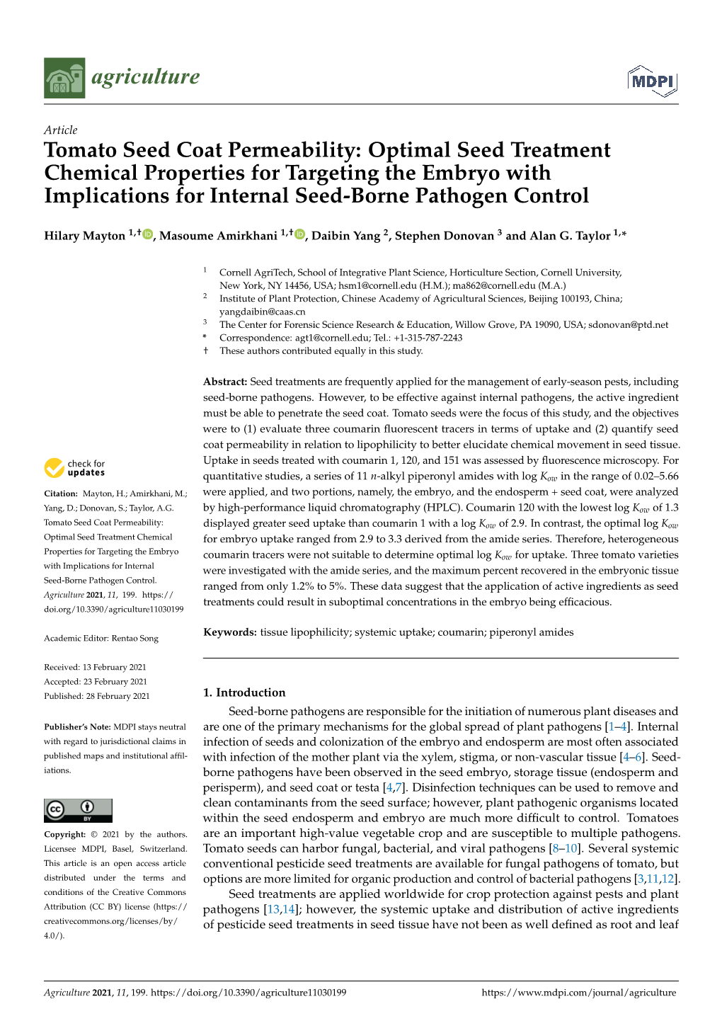 Tomato Seed Coat Permeability: Optimal Seed Treatment Chemical Properties for Targeting the Embryo with Implications for Internal Seed-Borne Pathogen Control