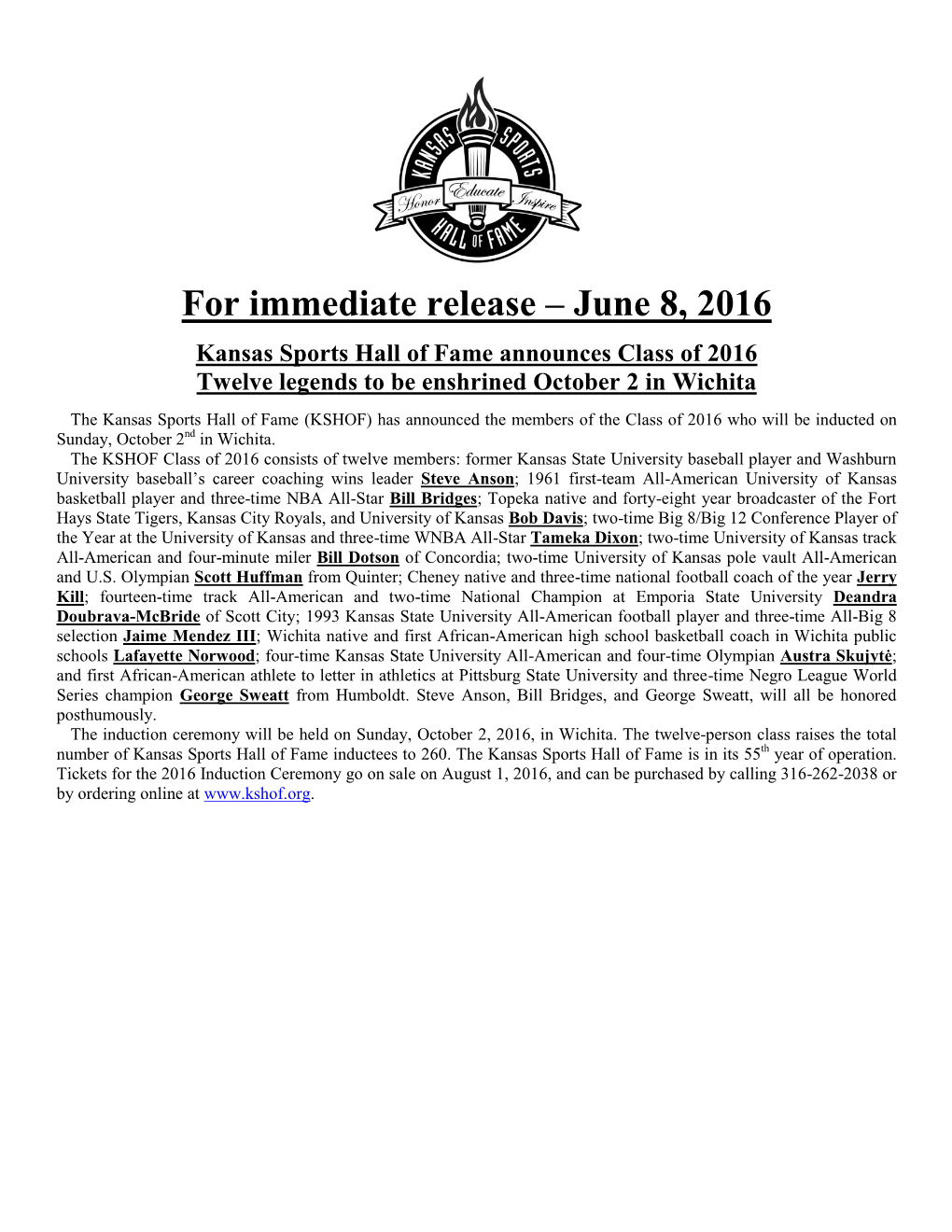 For Immediate Release – June 8, 2016